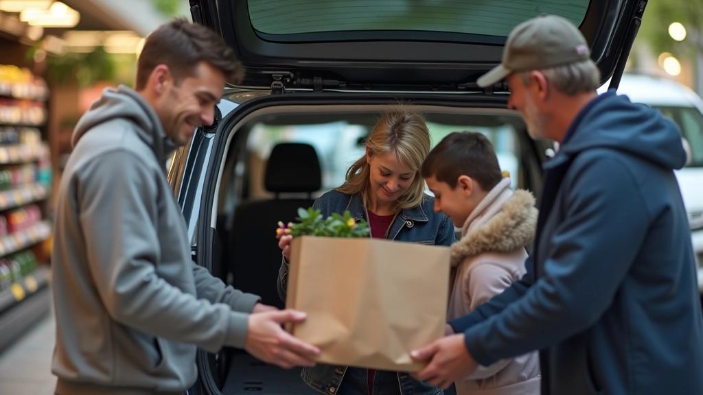 Famille rangant des courses dans le coffre d'une voiture stationnée près d'un supermarché