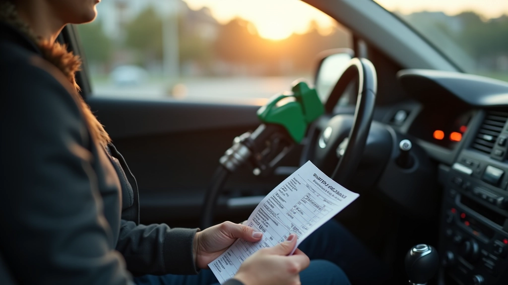 Pompe à essence avec prix affiché et reçu de carburant sur le siège de voiture