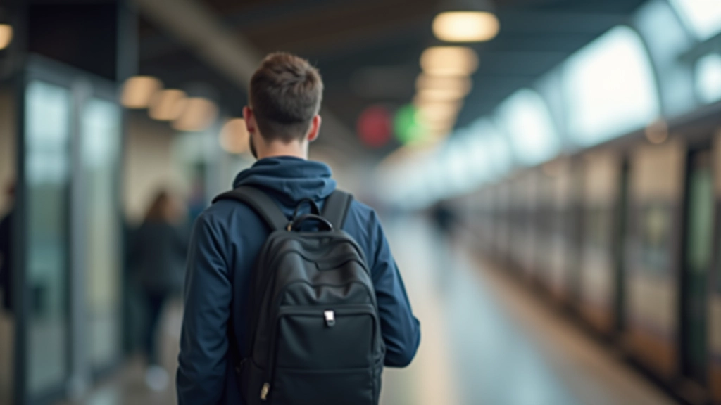 Personne prenant le train avec un sac à dos, vue de la plateforme de gare