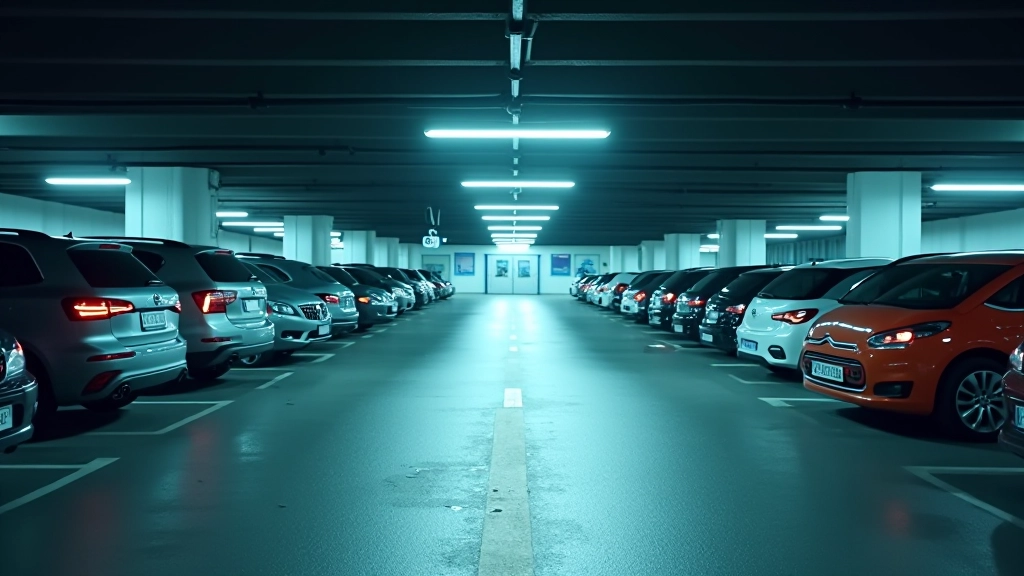 Parking souterrain avec rangées de voitures et barrière d'entrée automatisée