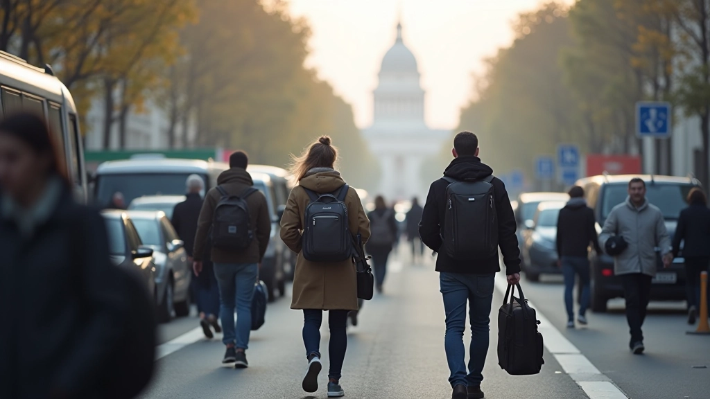 Scène de navettage urbain en France montrant différents modes de transport