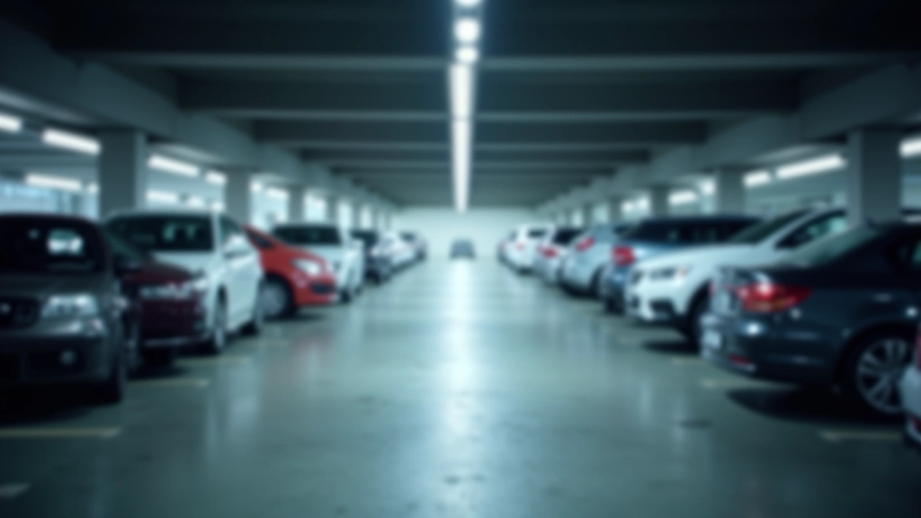 Parking souterrain urbain avec rangées de voitures garées et panneaux de tarification